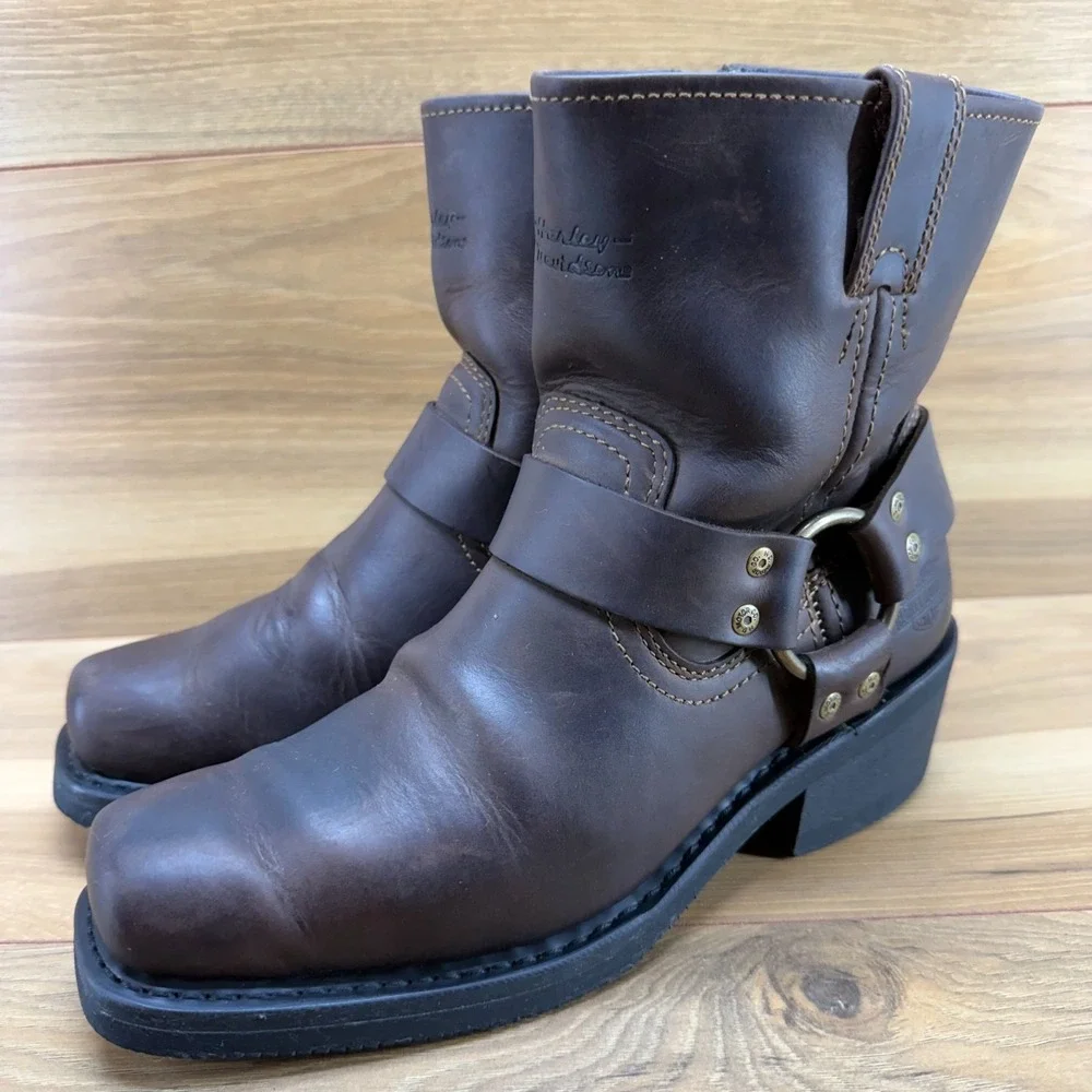 Harley Davidson Harness Womens Boots 7.5 Brown Leather Square Toe Biker Zip - Picture 3 of 11